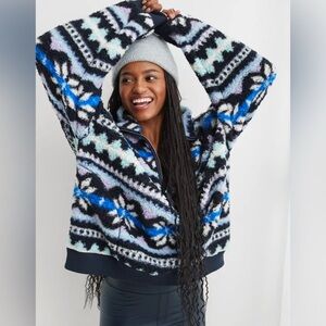 Aerie Fair-Isle Teddy Bear Sherpa Holiday Cozy 1/4 Zip Pullover - XS